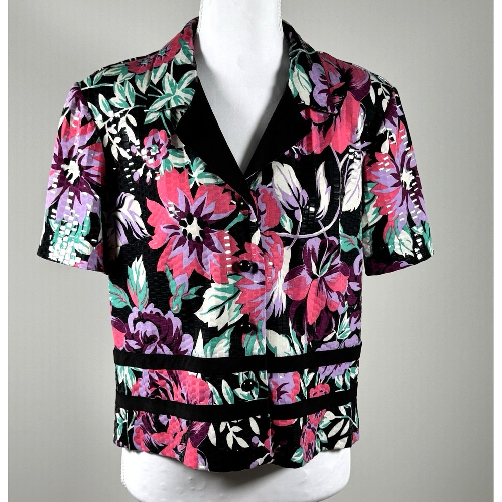 Vintage 90s Floral Jacket Metallic Shimmer Maximalist Black Pink Womens 12P